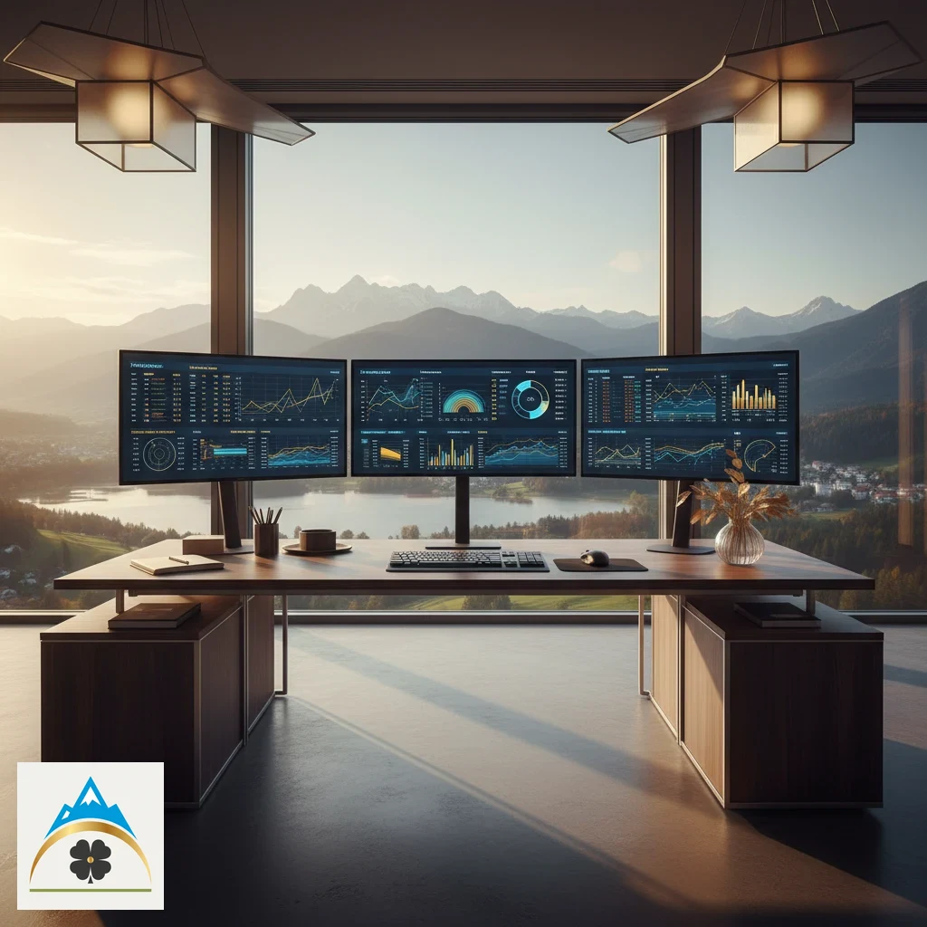 Arbeitsplatz mit Monitoren zur Analyse von Sportdaten und Wettquoten